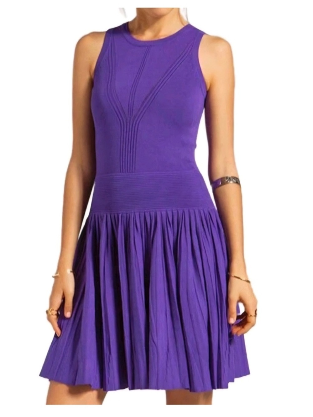 MILLY Womens Purple Stretch Drop-Waist Fit & Flare Sleeveless Pleated Dress S